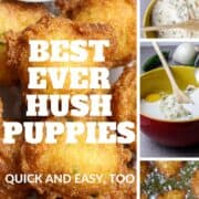 A collage of hush puppies, a bowl of batter with a spoon, and frying hush puppies.