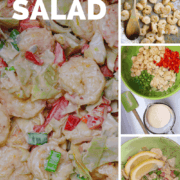 A group of pictures of the makings of a Shrimp Salad .