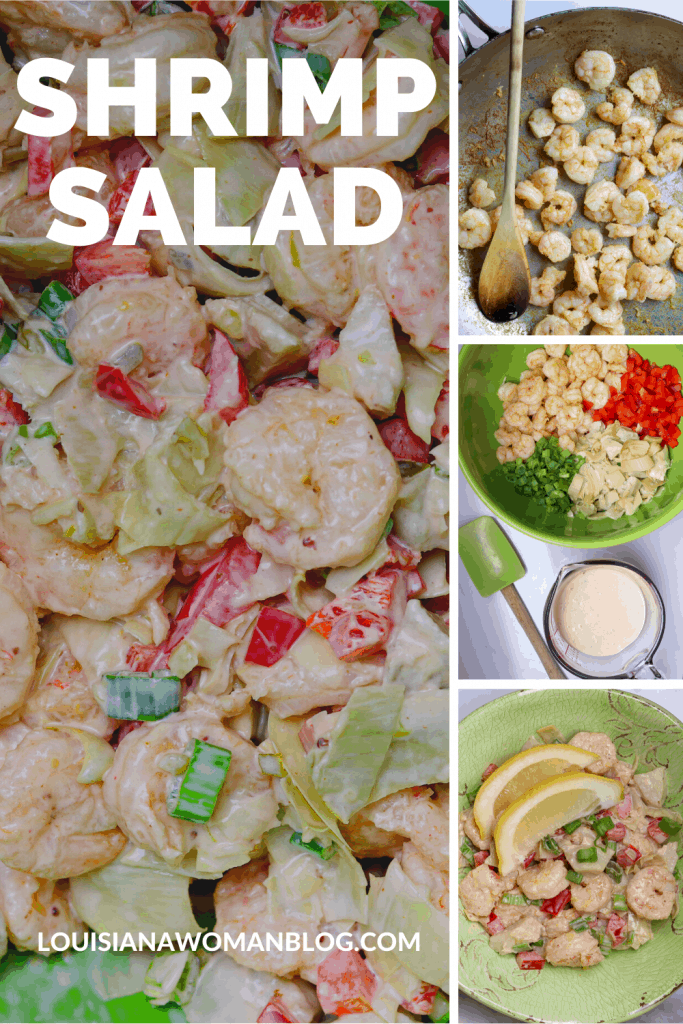 A group of pictures of the makings of a Shrimp Salad .