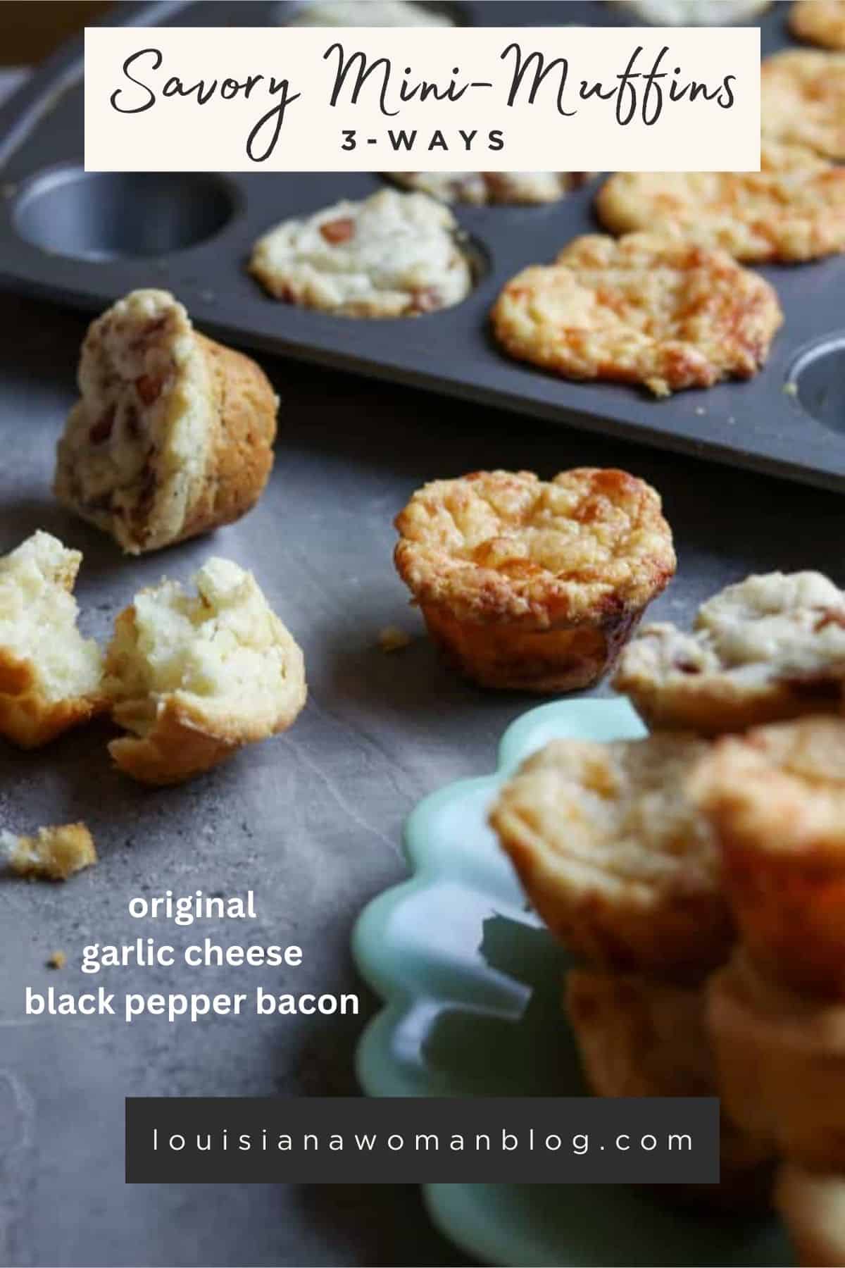 A Pinterest pin with a photo of mini-muffins in and beside a muffin pan.