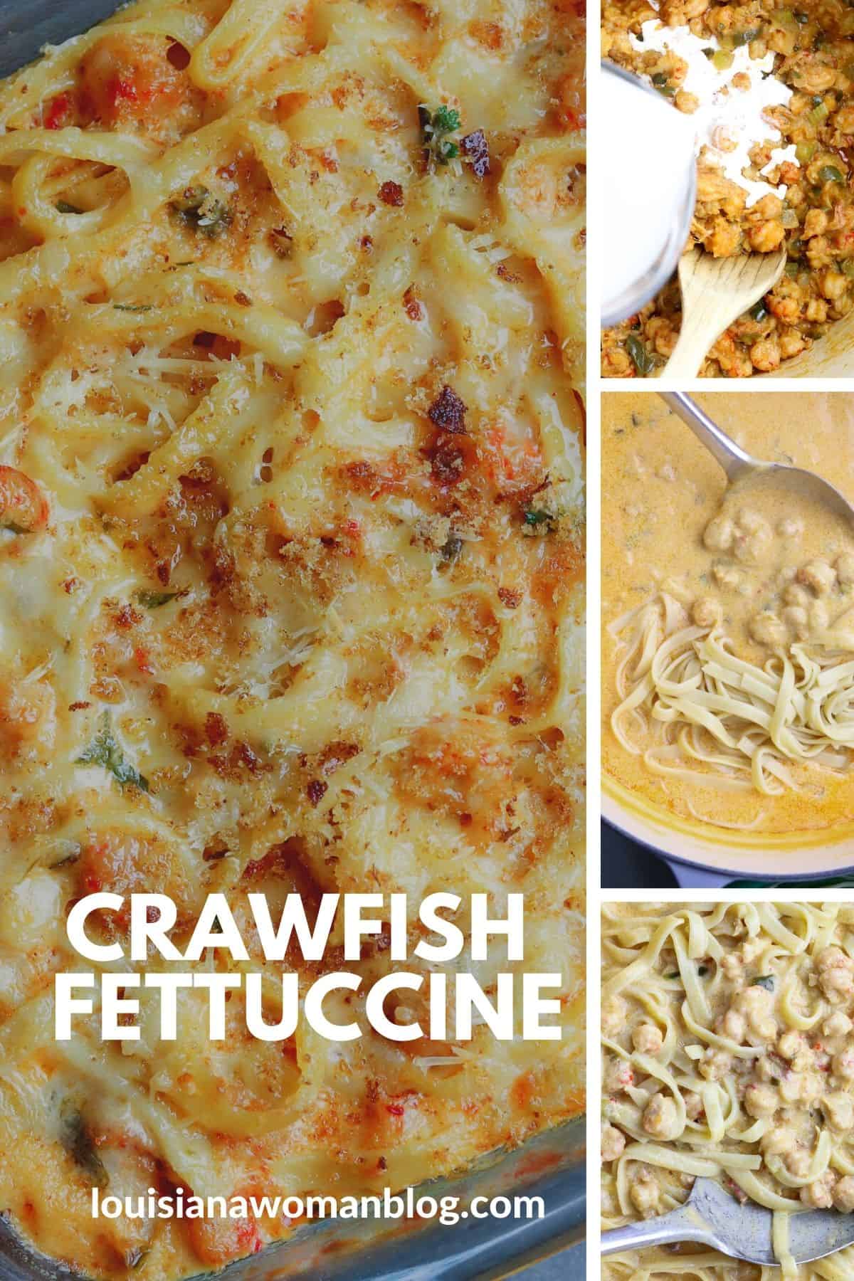 A pin of process shots for crawfish fettuccine.