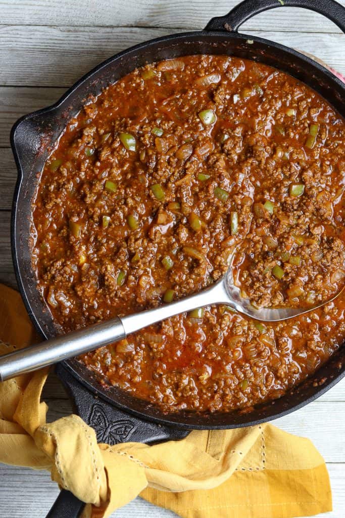 A pot of Homemade Sloppy Joes filling.