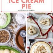 A collage of pictures of pie ingredients, a full pie, and a sliced pie.