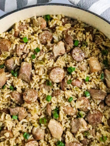 A pot of cooked jambalaya.