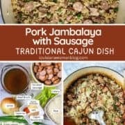 Three photos of process shots for Pork Jambalaya Pinterest pin.