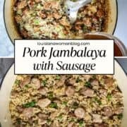 Two photos of jambalaya for a Pinterest pin.