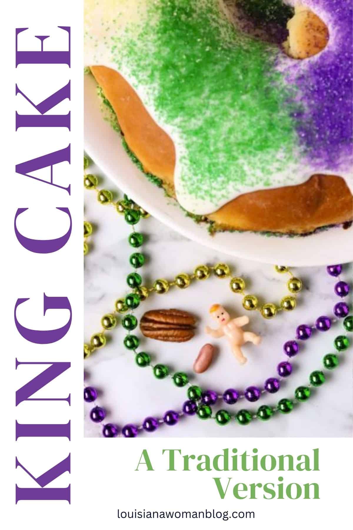 A plastic baby, half of a pecan, and a kidney bean surrounded by beads next to a cake.