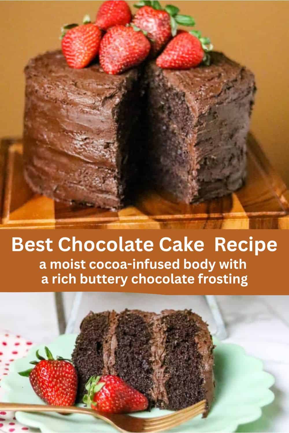 A chocolate cake on a pedestal with a slice of cake on a green plate under the cake stand.