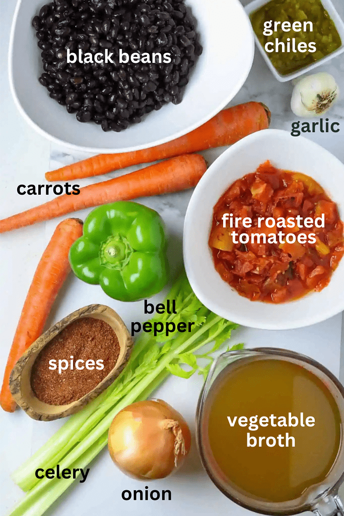 Ingredients of seasonings, vegetables, and black beans for soup.