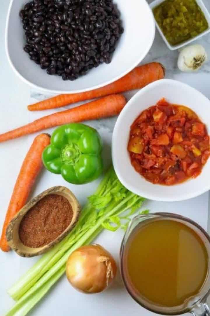 Ingredients of vegetables and seasonings for black bean soup.