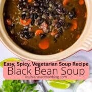 A pot of Black Bean Soup with fresh cilantro and lime slices.
