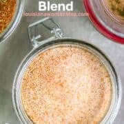 A glass jar of house seasoning blend.