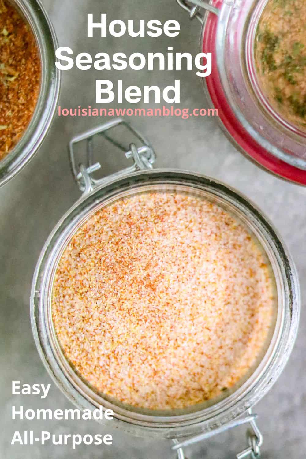 A glass jar of house seasoning blend.