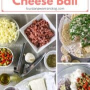 A series of pictures with ingredients and a finished cheese ball.