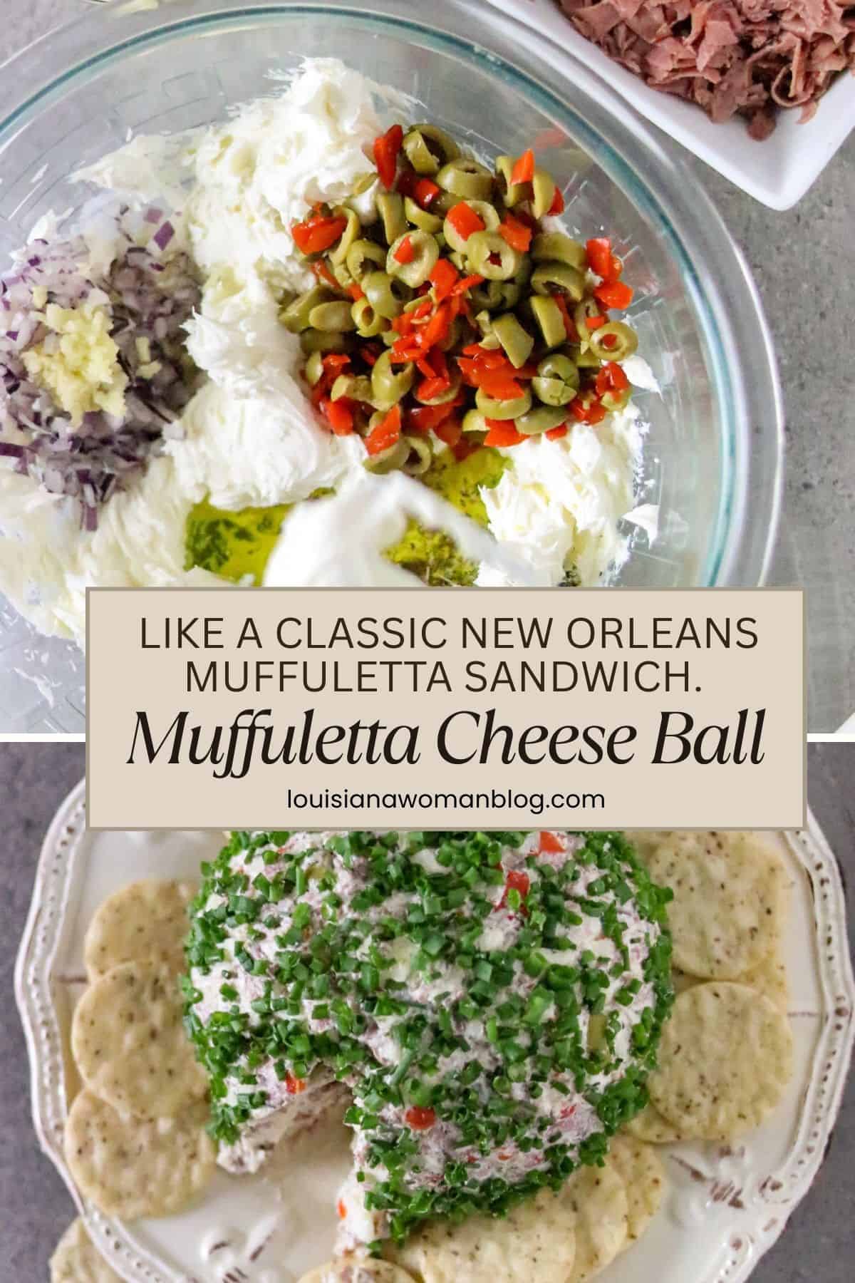 A collage of a cheese ball coated with chopped green onion, and a bowl of ingredients for the cheese ball.