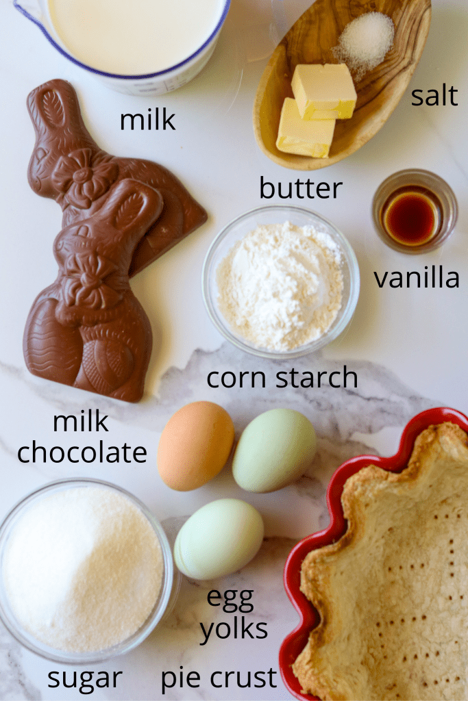 Labeled ingredients for Chocolate Bunny pie like eggs chocolate candy, pie crust, sugar, corn starch, and butter.
