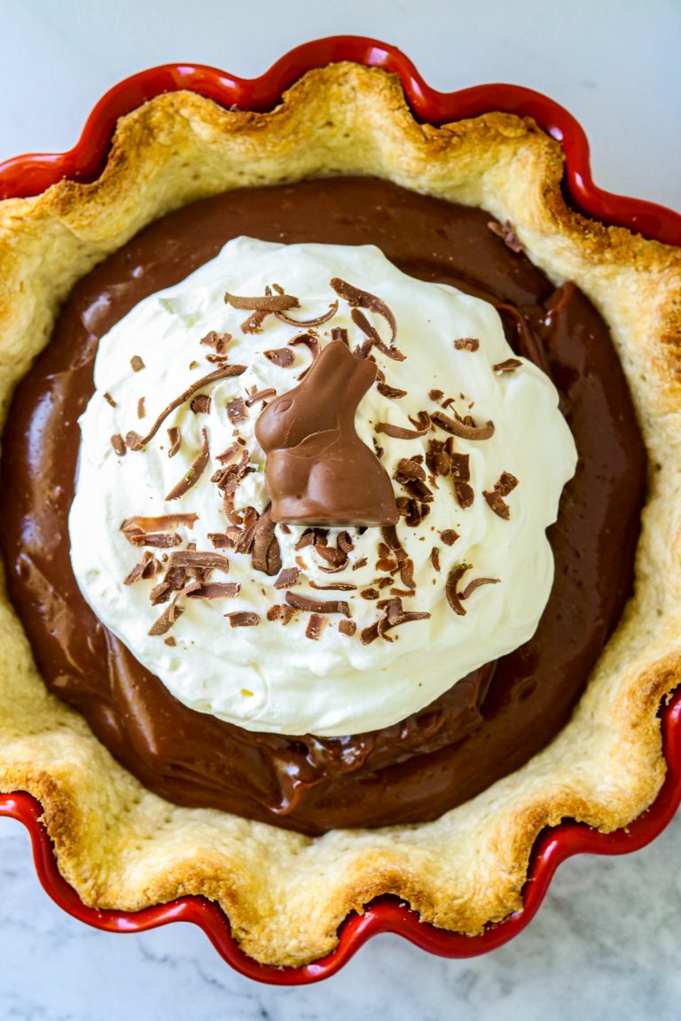 A Chocolate Bunny Pie with chocolate bunny on top.