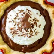 A Chocolate Bunny Pie with chocolate bunny on top.
