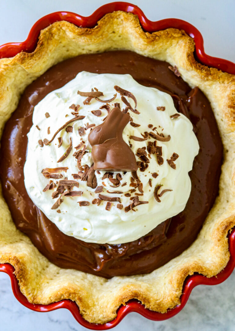 A Chocolate Bunny Pie with chocolate bunny on top.
