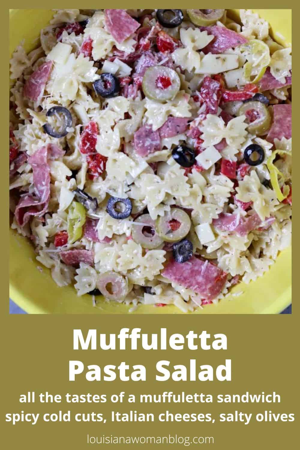 A large bowl of muffuletta pasta salad.