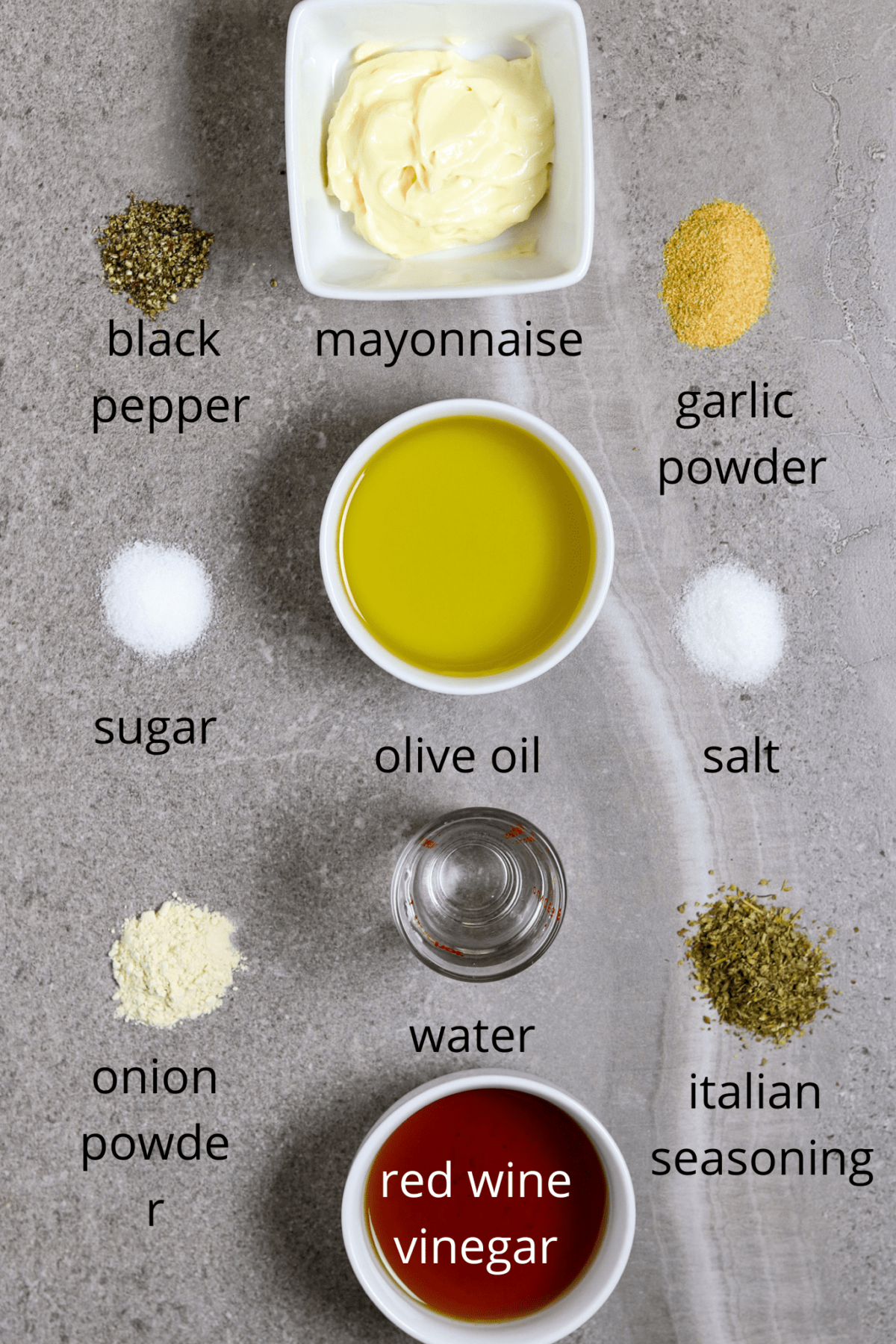 Ingredients of seasonings, olive oil, mayonnaise, and vinegar.