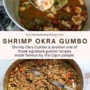 A Pinterest Pin for Shrimp Okra Gumbo with a pot of gumbo and a pot of smothered okra.
