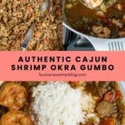Three photos of Shrimp Okra Gumbo with rice, one in a pot, one in a bowl with rice, and one of a pot of smothered okra..