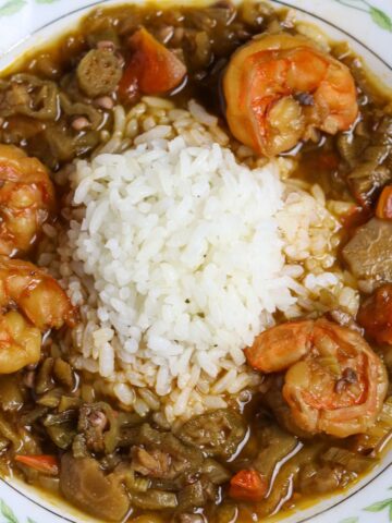 A bowl of Shrimp Okra Gumbo with rice.