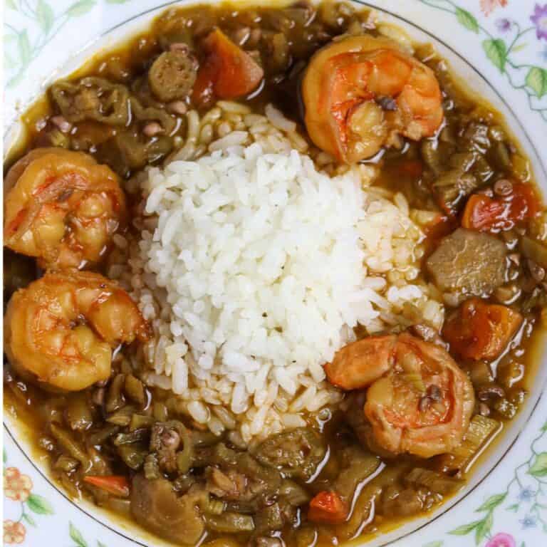 A bowl of Shrimp Okra Gumbo with rice.