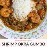 A bowl of Shrimp Okra Gumbo with written descriptions for a Pinterest Pin.