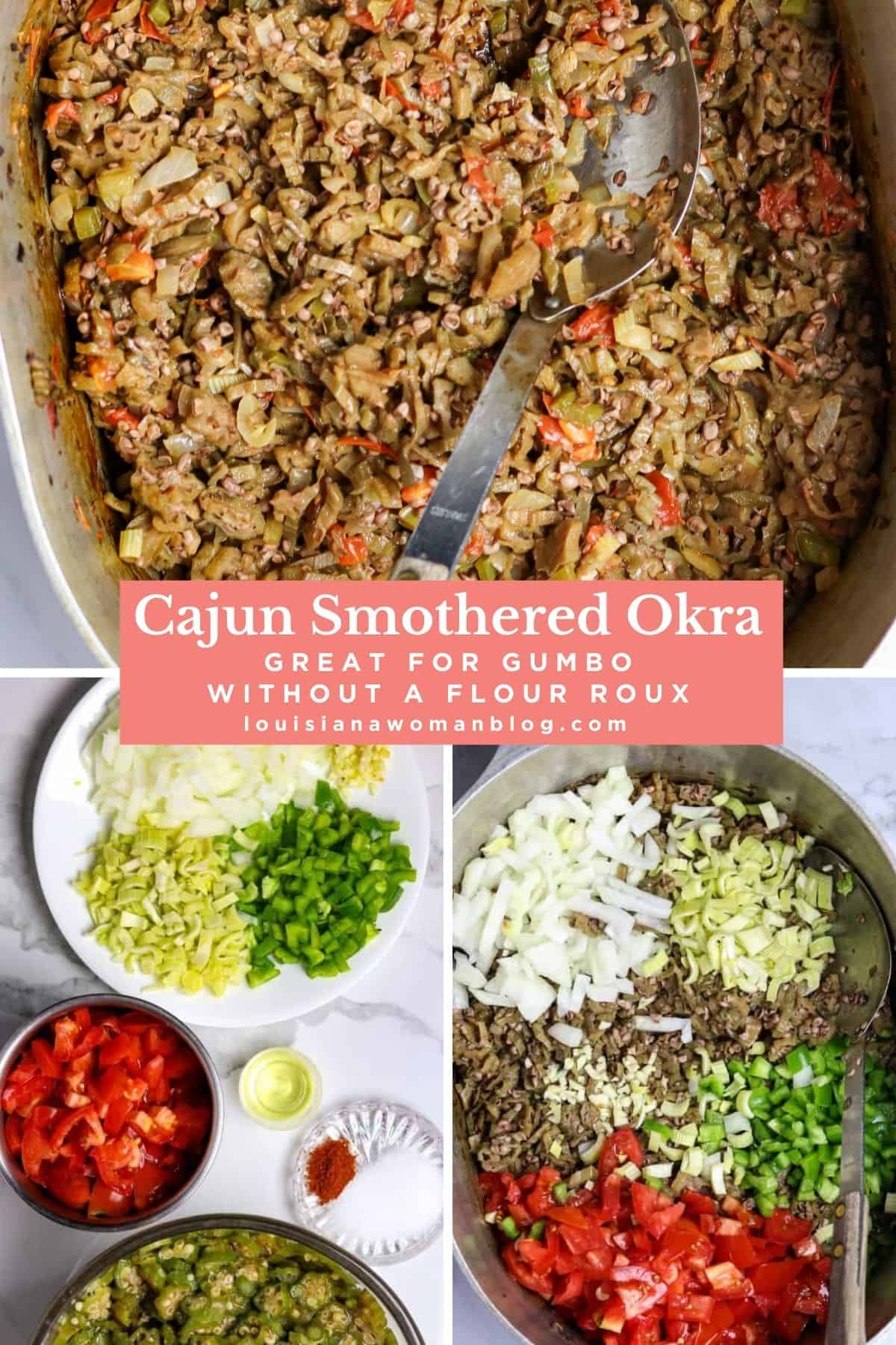 Three photos of cooking smothered okra in a large pot.