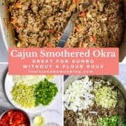 Three photos of cooking smothered okra in a large pot.