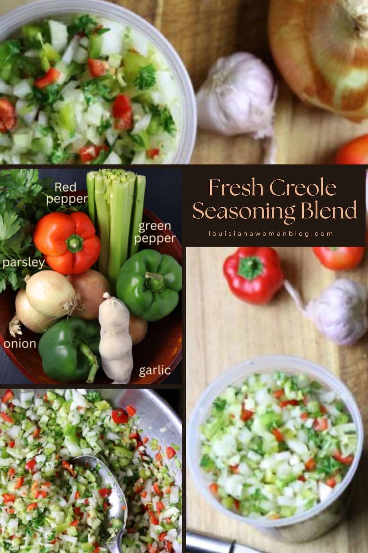 A collage of photos for fresh Creole Seasoning Blend.