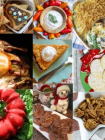 A collage of holiday dishes like turkey, cookies, pies, and dips.