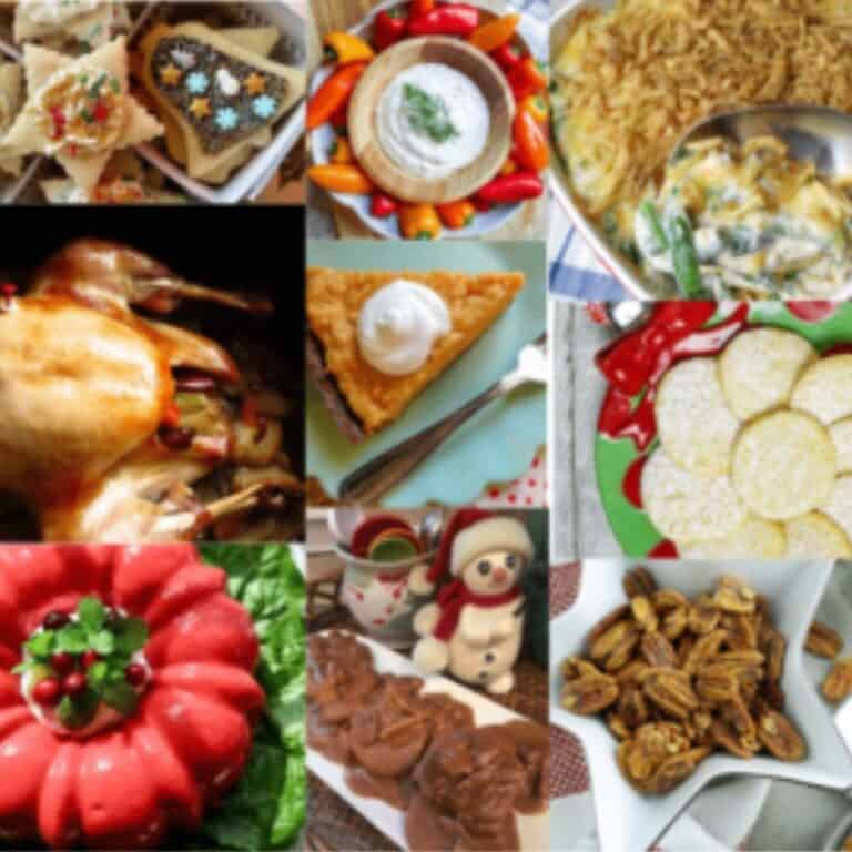A collage of holiday dishes like turkey, cookies, pies, and dips.