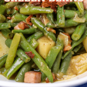 A bowl of smothered green beans with potatoes.