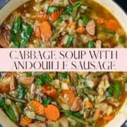 A pot of vegetable soup with cabbage carrots, spinach, green beans, and sausage.