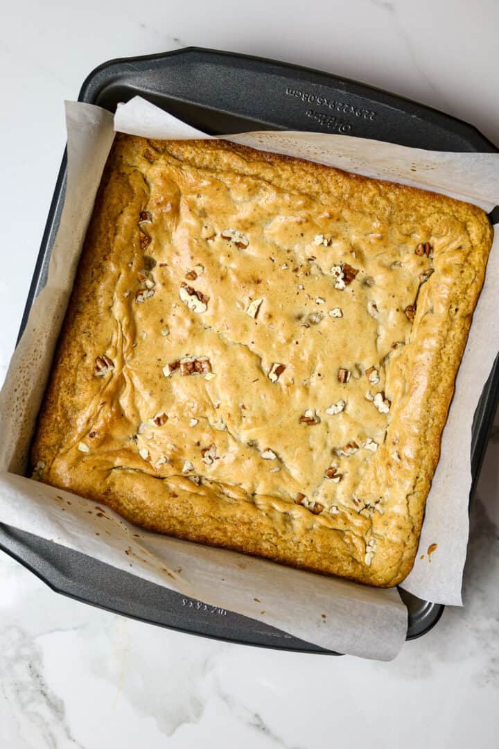 A 9x9 pan of baked Brown Butter Blondies.