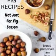 A Bowl of fresh figs on a white marble countertop next to a wooden cutting board with sliced and whole fresh figs and a pairing knife on it.