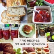 A picute collage of fig dishes and fig preserve jars.