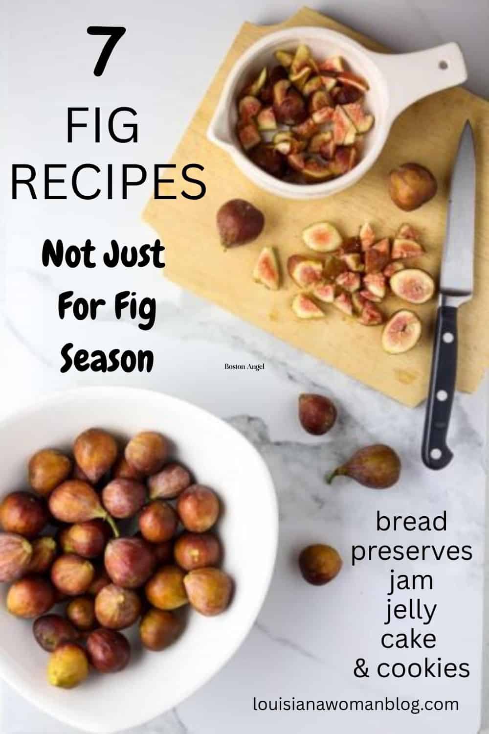 A Bowl of fresh figs on a white marble countertop next to a wooden cutting board with sliced and whole fresh figs and a pairing knife on it.