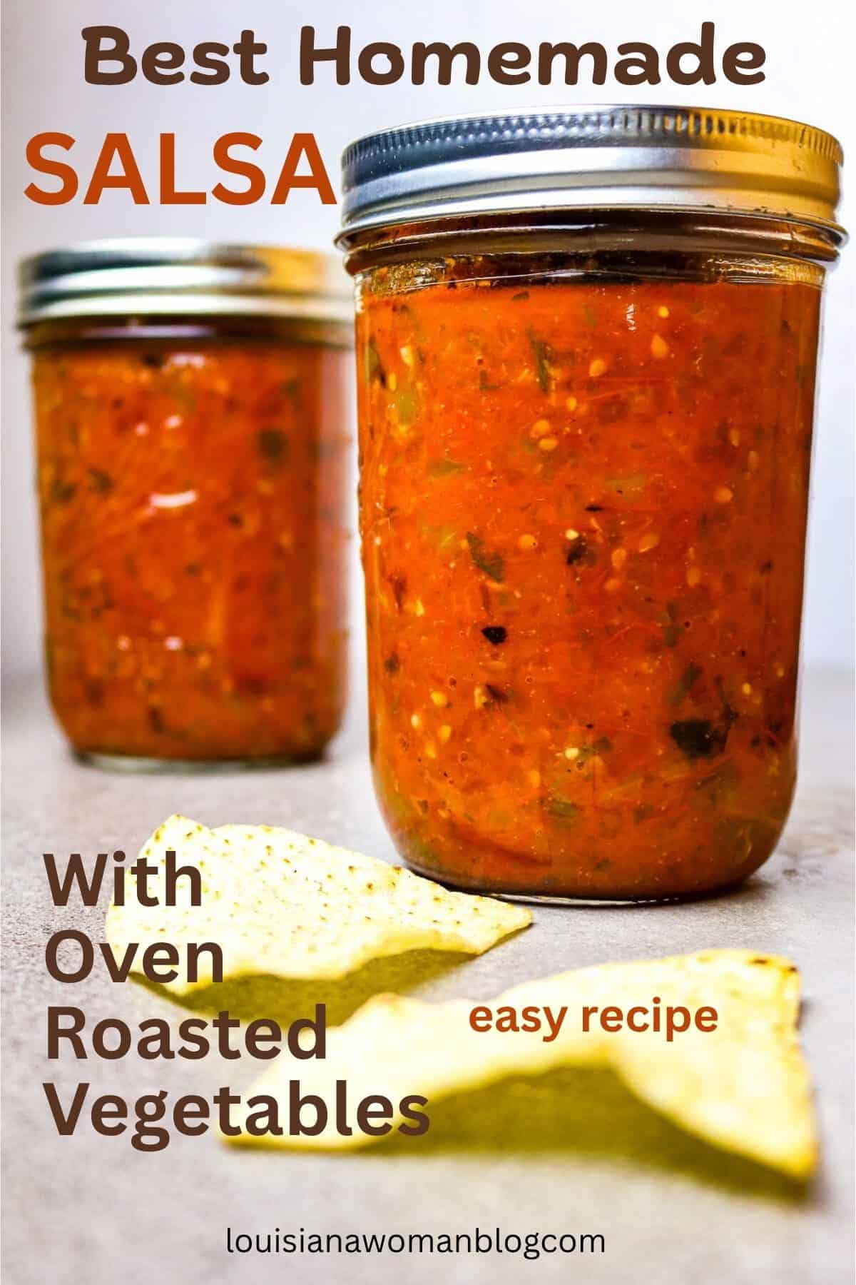 Two mason jars of roasted salsa and a few tortilla chops beside them.