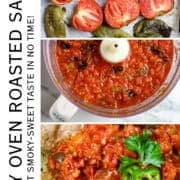 A series of photos for roasting vegetables for salsa for a Pinterest pin.