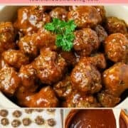 A preparation series of party meatball photos for Pinterest.