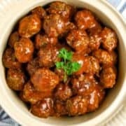 A ceramic dish of party meatballs. for Pintereast pin.