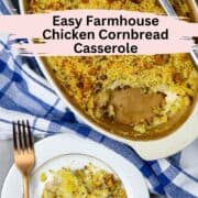 A pan of Easy Farmhouse Chicken Casserole next to a plate of it and a fork resting on the plate.