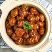 A pot of Party Meatballs in barbecue sauce.