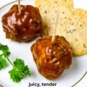 A ceramic dish of party meatballs. for Pintereast pin.