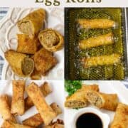 A collage of pictures of boudin egg rolls being fried and served with soy sauce.