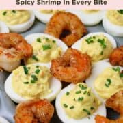 A dish of stuffed eggs garnished with cooked shrimp tails.